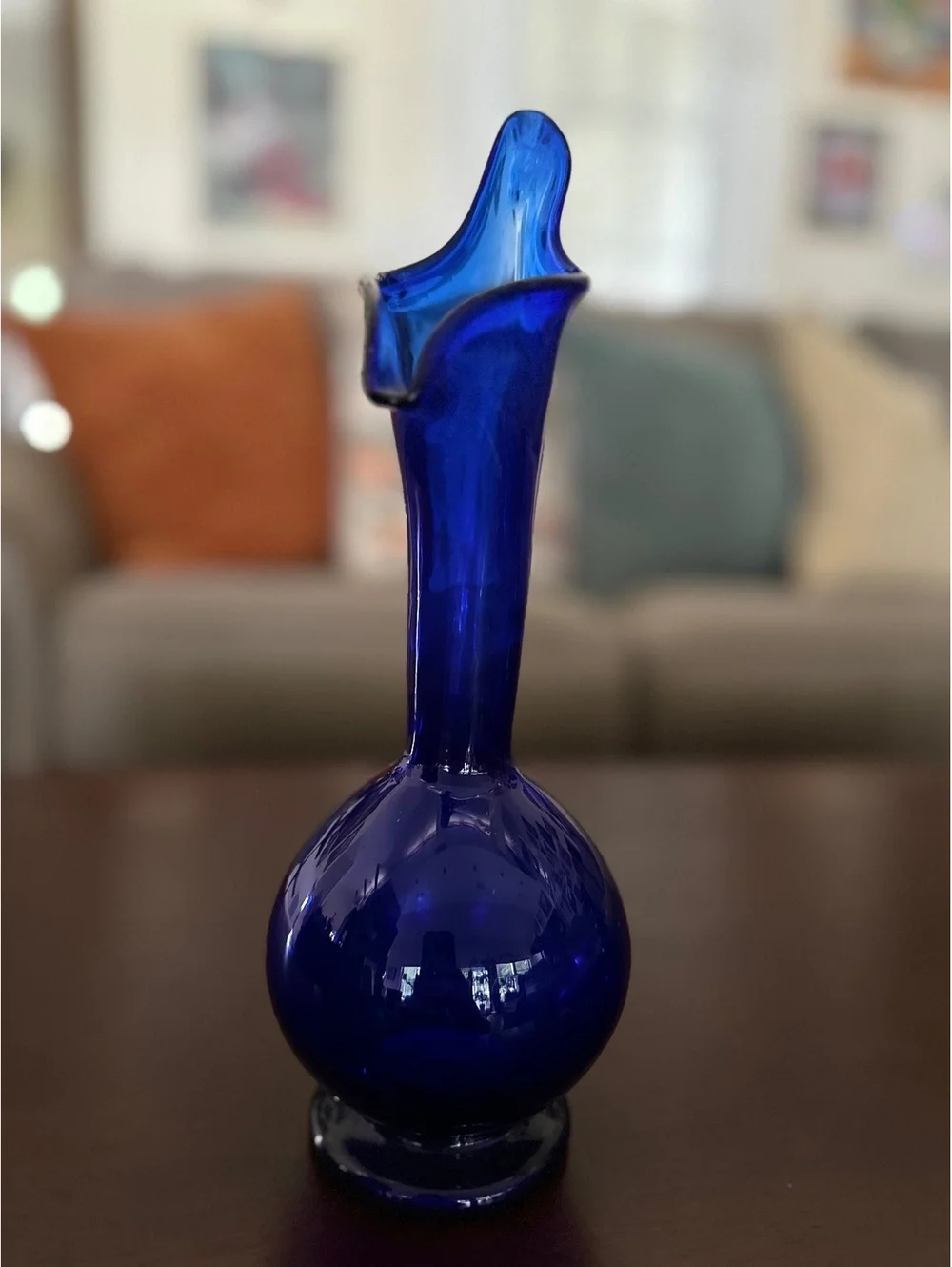 Vintage Cobalt Blue Art Glass Vase Distinctively Shaped Flared Rim